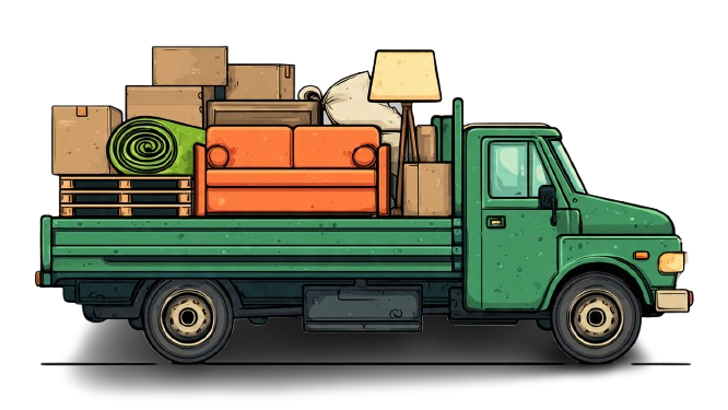 Cartoon illustration of a truck loaded with furniture and junk